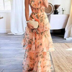 Women's Elegant Floral Print Halter Neck Tiered Maxi Dress